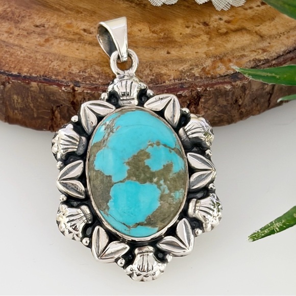 Pure Sterling Silver 925 Genuine Natural Turquoise Pendant Southwest Boho New - Picture 3 of 11